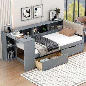 English Elm Wood Twin Size Platform Bed With Storage, Charging Station & Upholstered Headboard - Gray Design GX002107AAE-1-GIGA