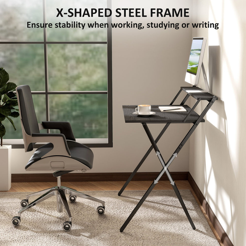 English Elm 32" Foldable Computer Desk with Built-in Monitor Shelf and Steel Frame for Small Spaces T3971P408445