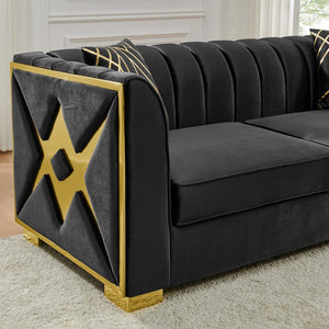English Elm 81" Tufted Velvet Chesterfield Sofa with Gold Steel Legs for Elegant Living Rooms Black W1191S00063