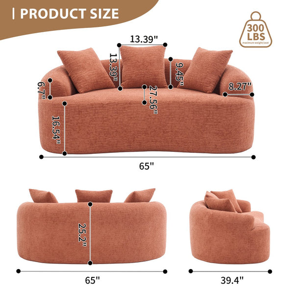 English Elm LY-025S Curved Loveseat Sofa Compact 65" chenille upholstery, 30D foam with spring core, 300lb capacity, 3 pillows, apartment-friendly Coral W2231P292947
