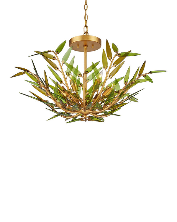 Currey & Company Babylon Chandelier - Elegant Bowl Design With Recycled Glass Leaves In Contemporary Gold Finish Green Recycled Bottle Glass ,Wrought Iron 9000-1309-currey-company