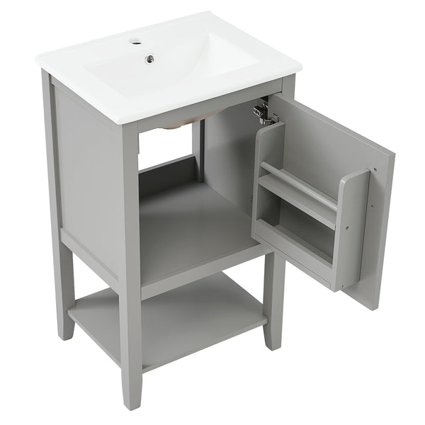 English Elm 20" Matte Freestanding Bathroom Vanity Rubberwood Cabinet Ceramic Sink Open Shelf Grey N725P391115E