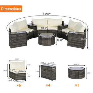 English Elm Outdoor Half Moon Sectional Sofa Set with Woven Rattan Frame and Tempered Glass Table Beige W874S00048