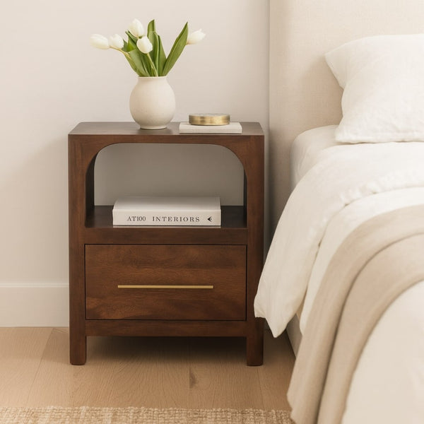 English Elm Solid Mango Wood Arc-Line Bedside Table - Elegant Design With Roasted Almond Finish For Modern Spaces B182P391927-GIGA