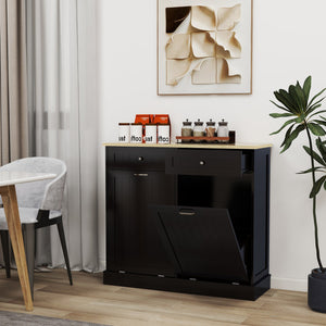 English Elm Two Compartment Tilt Out Trash Cabinet with Drawers Matte Black Kitchen Storage W1120127329