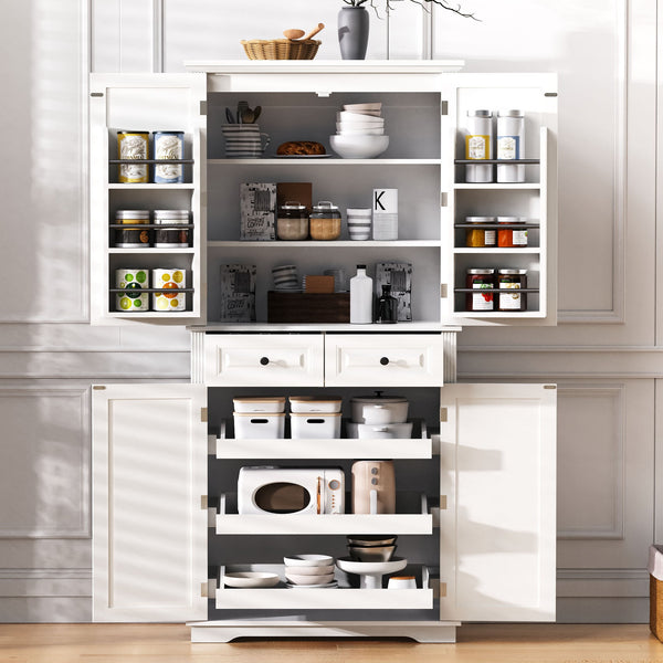 English Elm K&K 71" Tall Farmhouse Pantry Cabinet with Groove Edges, 3 Pull-Out Organizers, 6 Door Shelves White N707P256507W
