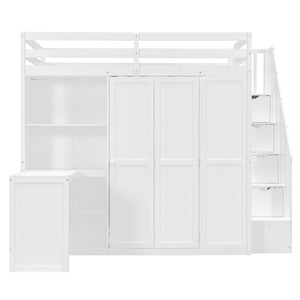 English Elm Full Size Loft Bed with Wardrobe Desk and Shelving for Modern Teen Bedroom White LT000679AAK-1