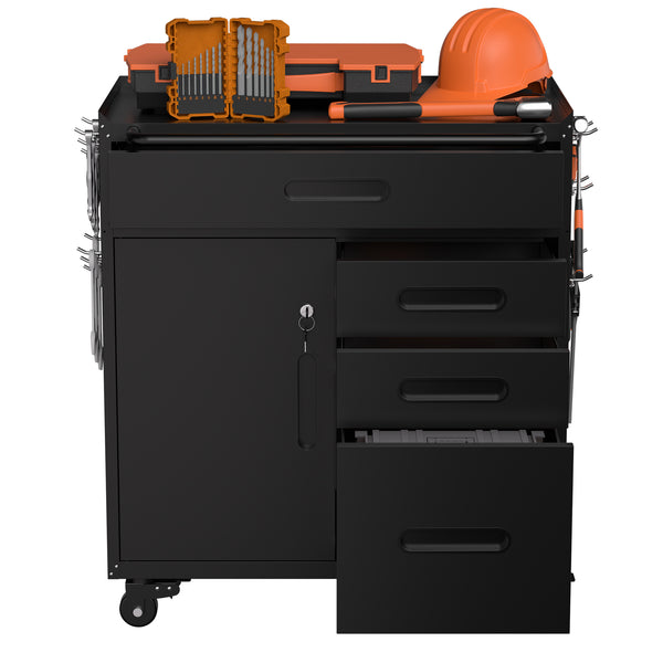 English Elm 34.3" Rolling Steel Workshop Cabinet with 3 Drawers Lockable Doors and Pegboard Sides W2735P428817