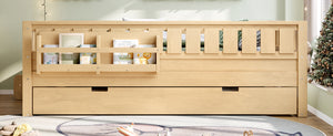 English Elm Twin Kids Platform Bed with Trundle Staircase Bookshelf and Rounded Safety Rails Light Natural W1580S00560