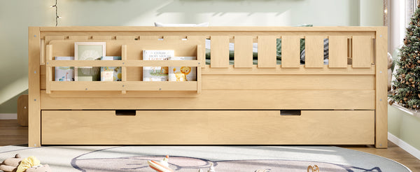 English Elm Twin Kids Platform Bed with Trundle Staircase Bookshelf and Rounded Safety Rails Light Natural W1580S00560