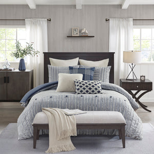 Madison Park Signature Essence Farm House Oversized Cotton Clipped Jacquard Comforter Set with Euro Shams and Throw Pillows MPS10-537 Blue