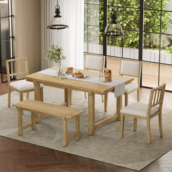 English Elm Trexm Farmhouse Dining Set Seats Six Oak Veneer Table Mixed Chairs Bench Included Beige,Natural Wood Wash ST000156AAE
