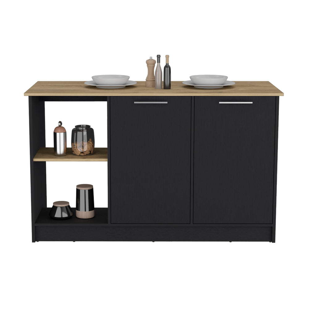 English Elm Kitchen Island With Ample Countertop, Open Shelves & Double Door Storage – Sleek Black & Macadamia B097S00185