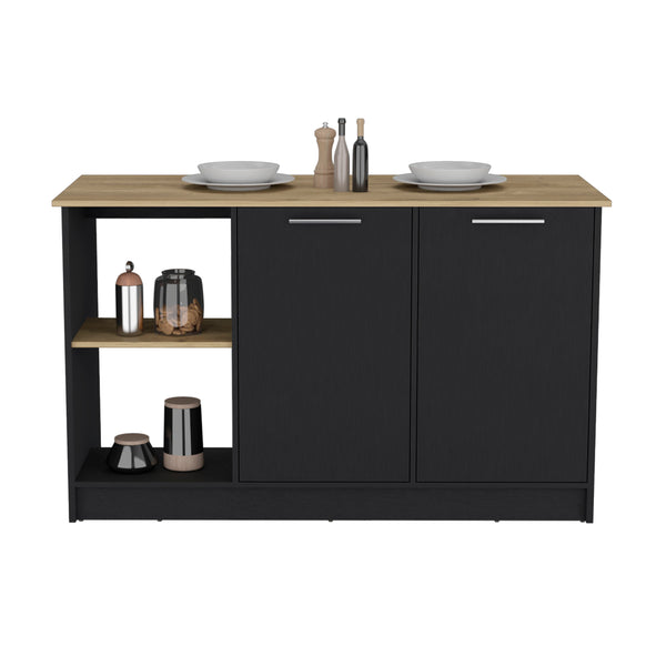 English Elm Kitchen Island With Ample Countertop, Open Shelves & Double Door Storage – Sleek Black & Macadamia B097S00185