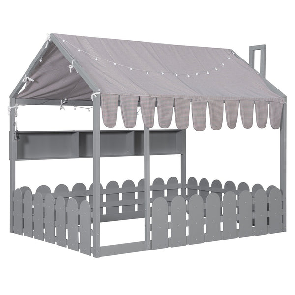 English Elm {slats Are Not Included} Twin Montessori House Floor Bed Kids Tent Lights Shelves Pinewood Frame Gray N708P407963E