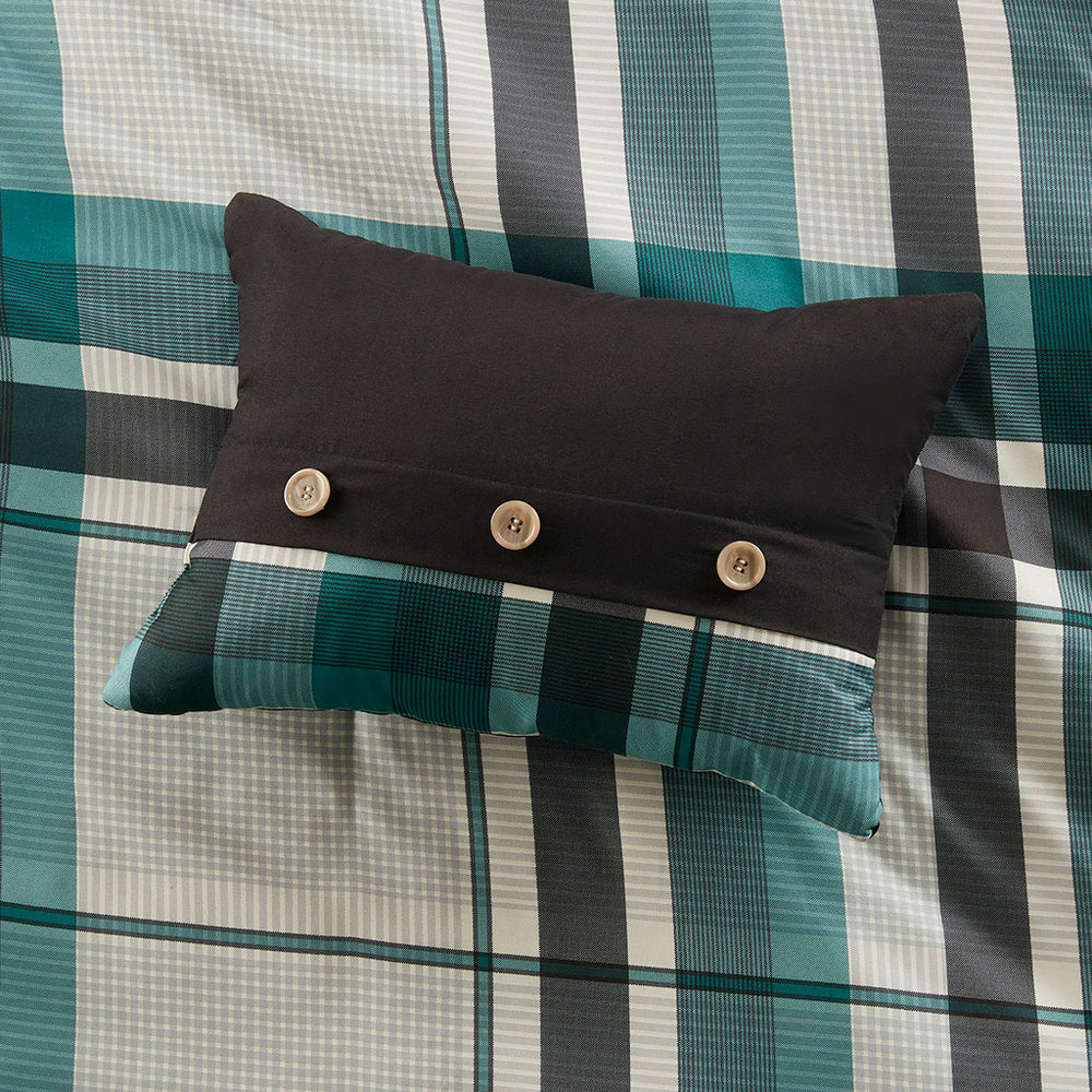 JLA Home Intelligent Design - Plaid Hypoallergenic Comforter Set with Grey Black Teal Plaid, Black-Cuffed Sheets & Bedskirt 90 L x 90 W x 1H ID10-2433