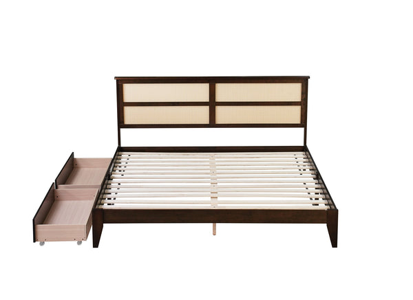 English Elm King Rattan Bed with Two Under-Storage Drawers, Rubberwood Slats, Durable 600 lb Capacity Frame Espresso W504S00228