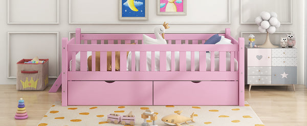 English Elm Wood Twin Platform Bed with Guardrail, Solid Pine Construction, 2 Underbed Drawers for Storage and Playroom Space Pink N709P242145H