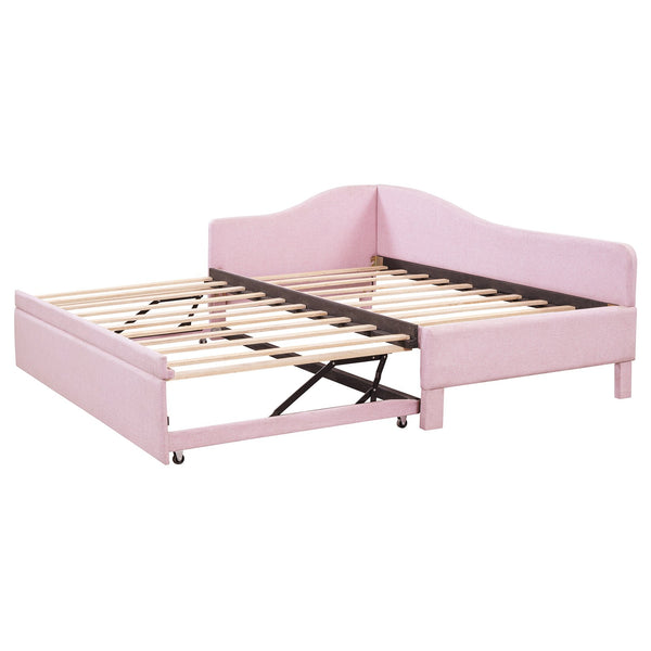 English Elm Twin Upholstered L-Shaped Daybed with Pop-Up Trundle, Space-Saving Guest Bed with Slats Kit and 400lb Capacity Pink SF000193AAH