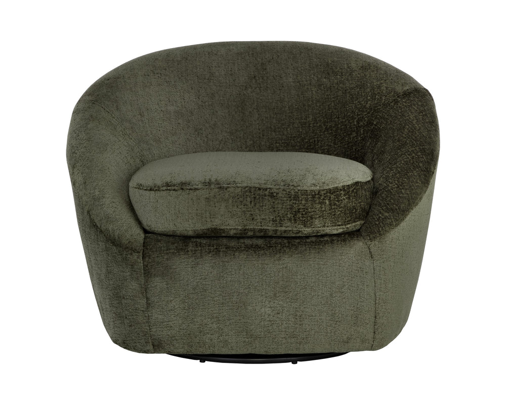 Sunpan Bliss Curvy Contemporary Swivel Lounge Chair in Hunter Green with Stylish Black Steel Base Bergen Olive