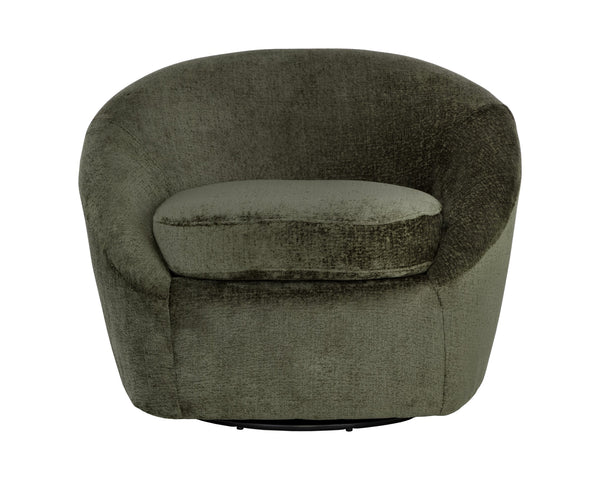 Sunpan Bliss Curvy Contemporary Swivel Lounge Chair in Hunter Green with Stylish Black Steel Base Bergen Olive