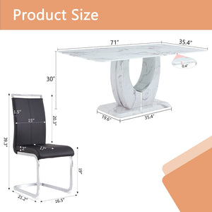 English Elm Table And Chair Set - Modern Marble Pattern Dining Set With 6 Comfortable Black Pu Chairs, 71"X35.4" W1151S02116-GIGA