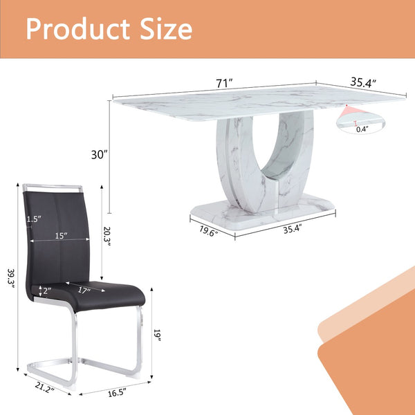 English Elm Table And Chair Set - Modern Marble Pattern Dining Set With 6 Comfortable Black Pu Chairs, 71"X35.4" W1151S02116-GIGA