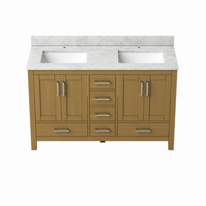 English Elm 55" Double Sink Bathroom Vanity Oak Cabinet with Carrara Top 6 Drawers 4 Doors T3785P442241