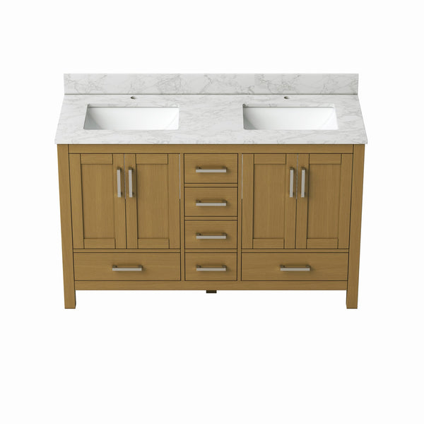English Elm 55" Double Sink Bathroom Vanity Oak Cabinet with Carrara Top 6 Drawers 4 Doors T3785P442241