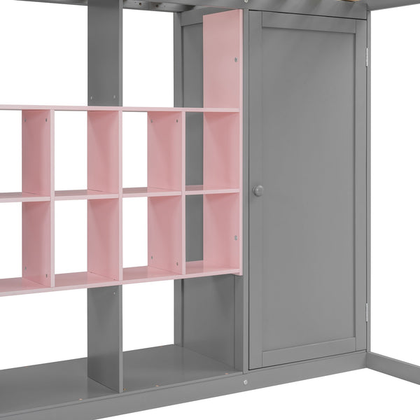 English Elm Twin Loft Bed with Wardrobe Shelves and Cabinet Kids Bedroom Wood Storage Frame Pink+Grey N708S00024E