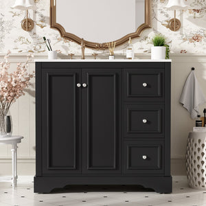 English Elm 36'' Transitional Bathroom Vanity with Ceramic Sink, Solid Wood Frame, Adjustable U-Shelf & Soft-Close Doors Black N729P292966B