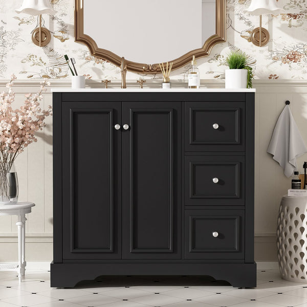 English Elm 36'' Transitional Bathroom Vanity with Ceramic Sink, Solid Wood Frame, Adjustable U-Shelf & Soft-Close Doors Black N729P292966B