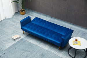 English Elm Sofa Bed Velvet Upholstered Convertible with Gold Metal Legs for Studio Spaces Dark Blue B205P246427