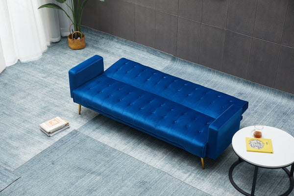 English Elm Sofa Bed Velvet Upholstered Convertible with Gold Metal Legs for Studio Spaces Dark Blue B205P246427
