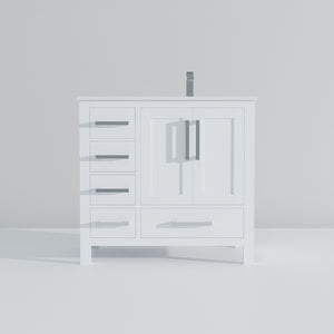 English Elm White 36 in Bath Vanity with Right Offset White Quartz Top, Soft-Close Drawers, Chrome Faucet Set B2731P259020