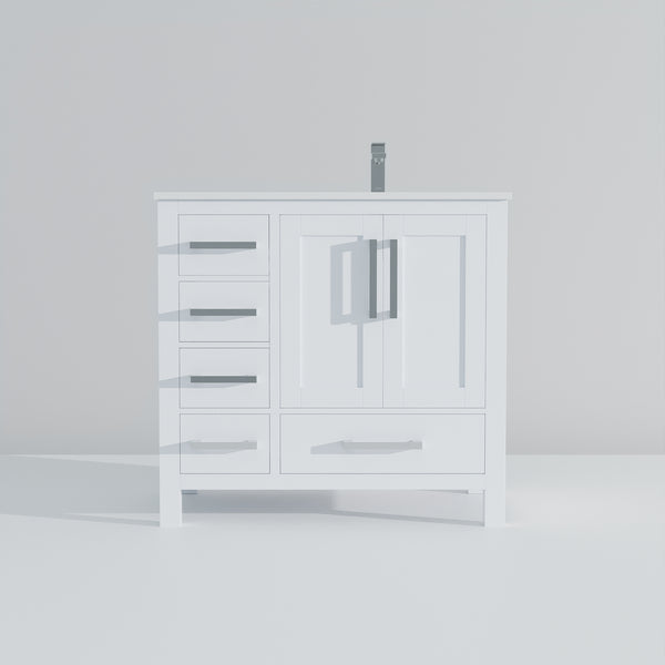 English Elm White 36 in Bath Vanity with Right Offset White Quartz Top, Soft-Close Drawers, Chrome Faucet Set B2731P259020