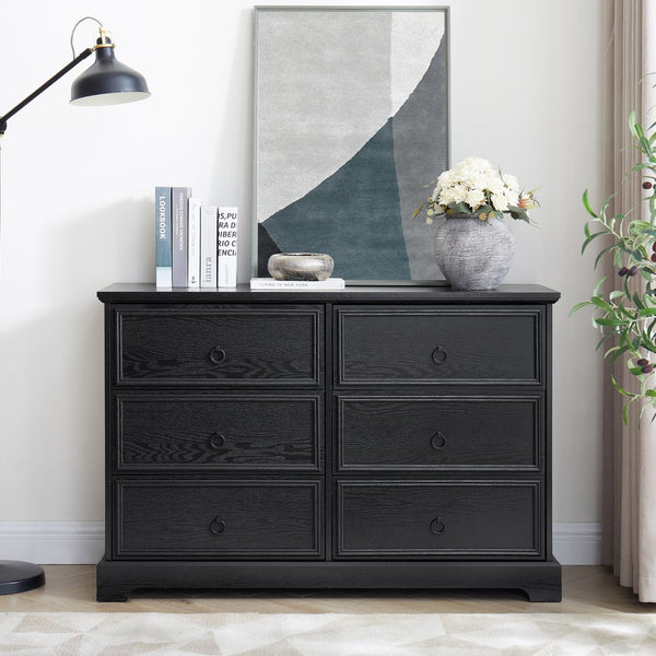 English Elm Modern 6-Drawer Chest of Drawers for Bedroom — Spacious Wooden Dresser with Smooth Glide Drawers, Elegant Patterned Top Black W2275P224406