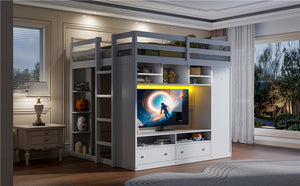 English Elm Full Size Loft Bed with Led Lighting Wardrobe Drawers and Shelves for Teen Rooms White LT000499AAK