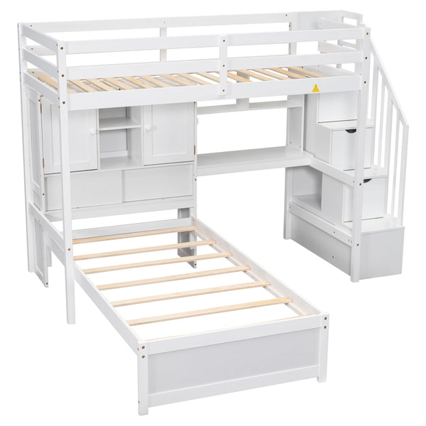English Elm Twin Over Twin Loft Bed with Built-In Desk, Stairs, Shelving and Storage Headboard for Space-Saving Rooms White GX000465AAK