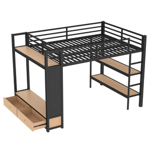 English Elm Queen Loft Bed Frame With Wardrobe & Shelves - Modern Metal Design For Space-Saving Storage & Work W1580S00233-GIGA