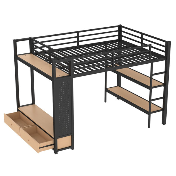 English Elm Queen Loft Bed Frame With Wardrobe & Shelves - Modern Metal Design For Space-Saving Storage & Work W1580S00233-GIGA