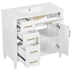 English Elm 36 Inch Freestanding Bathroom Vanity Sage Pine Cabinet Gold Hardware Ceramic Sink White N725P366466K
