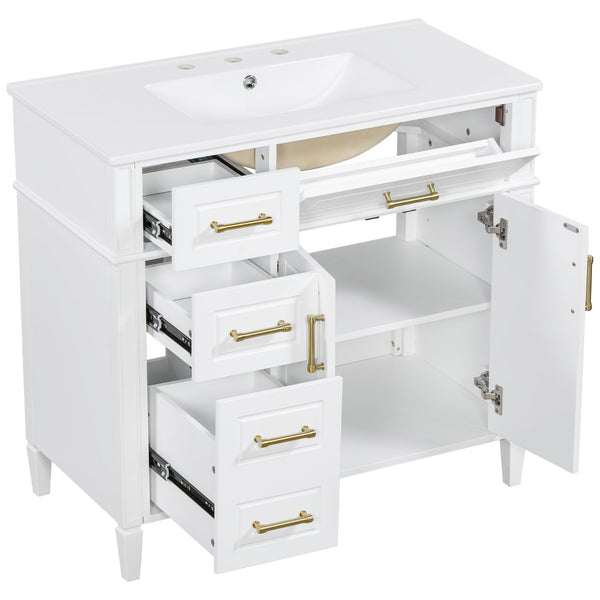 English Elm 36 Inch Freestanding Bathroom Vanity Sage Pine Cabinet Gold Hardware Ceramic Sink White N725P366466K
