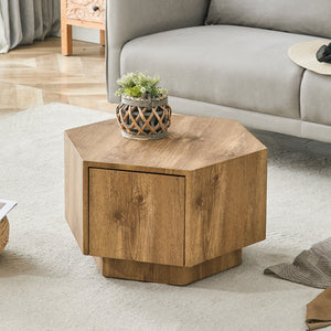 English Elm Simple Hexagonal MDF Coffee Table with Drawer, Wood Texture, Stable Anti-Slip Base, Easy Assembly, Stylish Nightstand Alternative W1151P264015