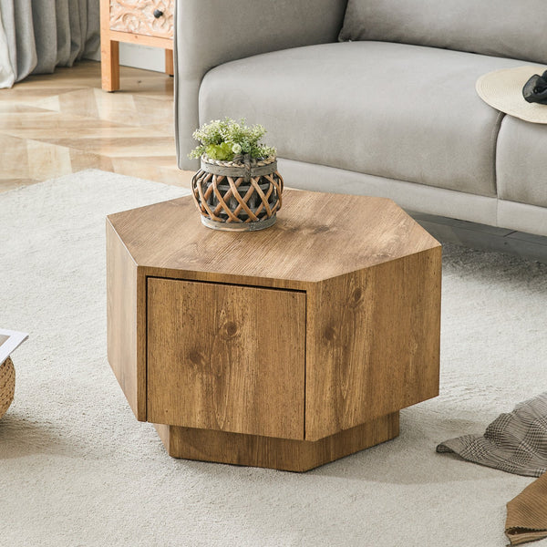 English Elm Simple Hexagonal MDF Coffee Table with Drawer, Wood Texture, Stable Anti-Slip Base, Easy Assembly, Stylish Nightstand Alternative W1151P264015