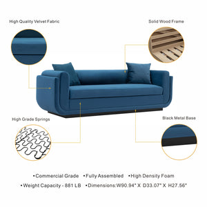 English Elm Edmonda 91" Velvet Sofa with Black Metal Base, Pine Frame, High-Density Foam & 2 Pillows, Commercial Grade Sapphire Blue B365P398109