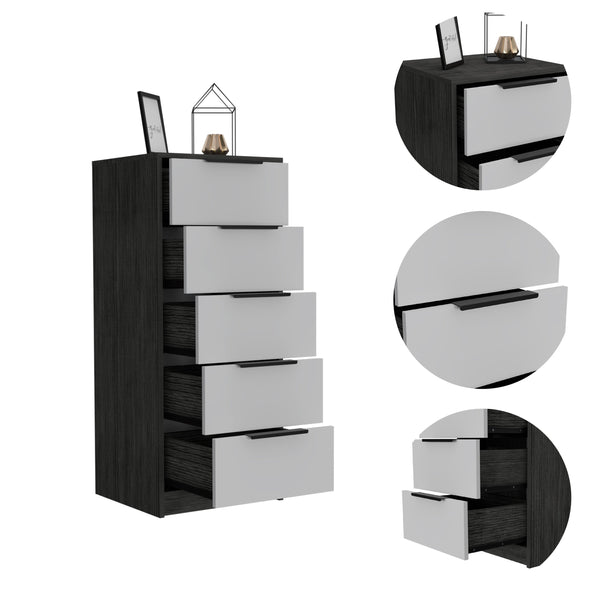 English Elm Washington Five Drawer Dresser with Light Oak Frame and White Fronts, Space-Saving Minimalist Storage Chest Smoke,White 46 L x 21 W x 5 H B128P148836