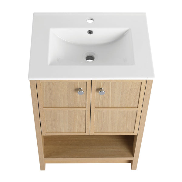 English Elm 24" Freestanding Bathroom Vanity with Ceramic Sink, Oak Finish, 2 Soft-Closing Doors, Open Shelf Storage W1972S00023