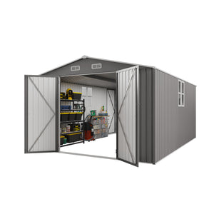 English Elm 10x14 Ft Galvanized Steel Outdoor Storage Shed with Lockable Doors and Vented Window W3213S00004