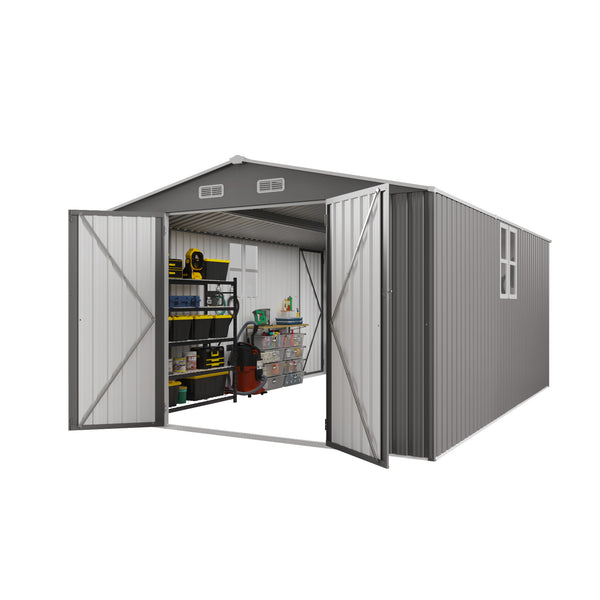 English Elm 10x14 Ft Galvanized Steel Outdoor Storage Shed with Lockable Doors and Vented Window W3213S00004